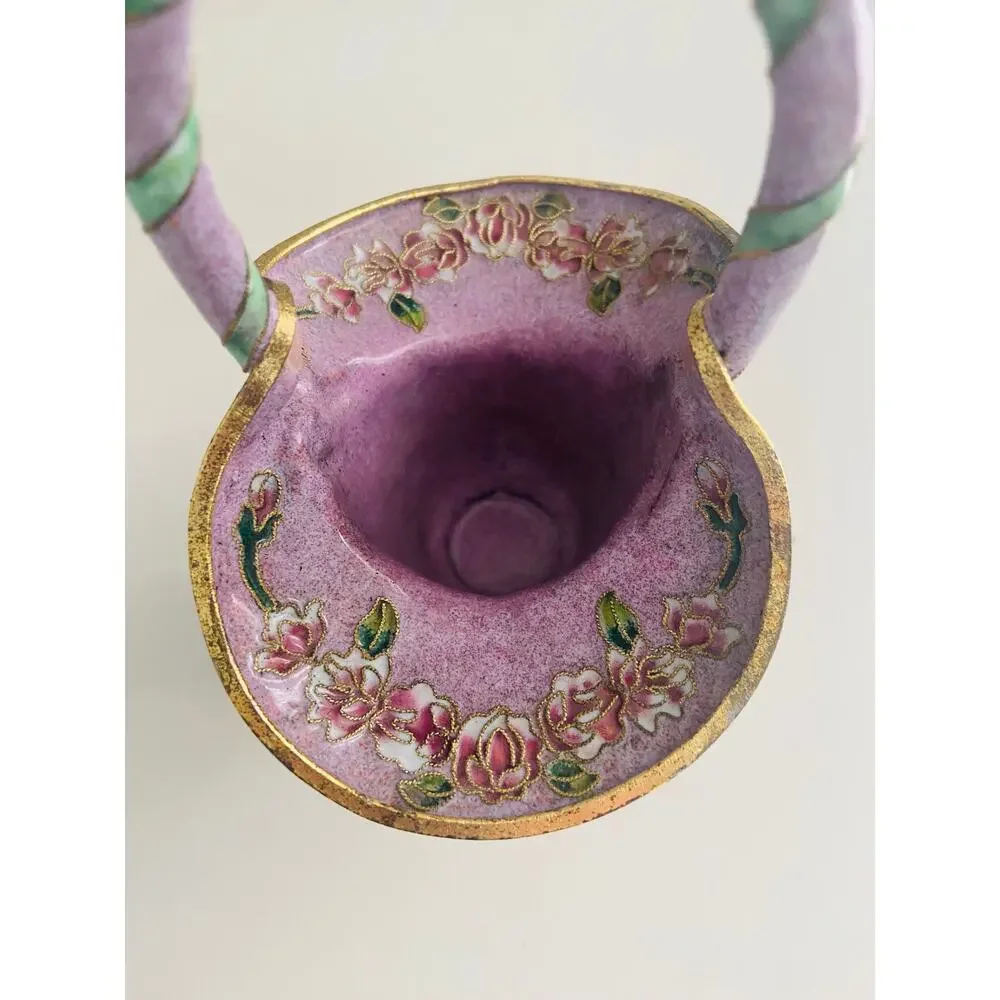 Vintage Chinese Cloisonne Lavender Purple Basket Vase Brass Floral Enamel, 6.25